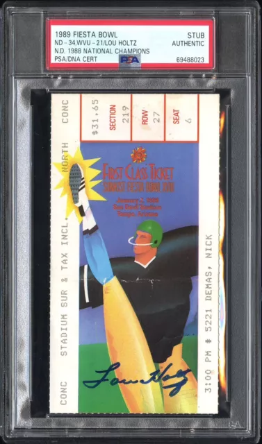 Lou Holtz auto 1989 Notre Dame Fiesta Bowl PSA Ticket 1988 Champs JSA signed COA Lou Holtz auto 1989 Notre Dame Fiesta Bowl PSA Ticket 1988 Champs JSA signed COA