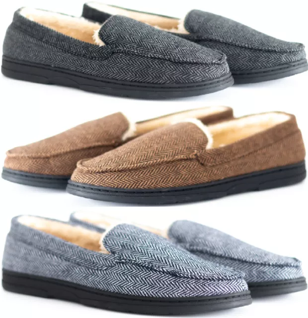 Mens Slip On Warm Bedroom Faux Fur Lined Hard Sole Moccasin Shoes Slippers Size