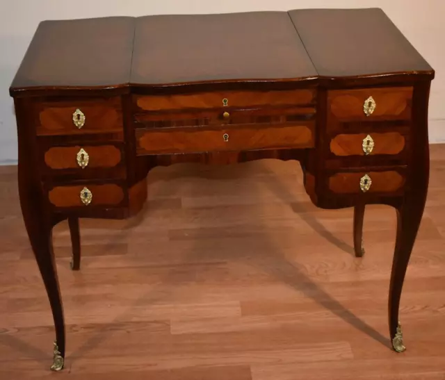 1880s Antique French Louis XV Walnut & Satinwood Coiffeuse Makeup Vanity desk