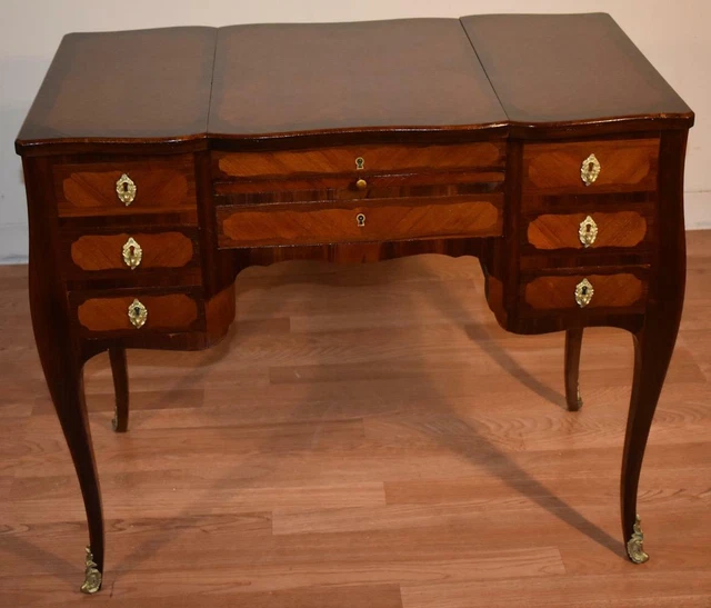 1880s Antique French Louis XV Walnut & Satinwood Coiffeuse Makeup Vanity desk
