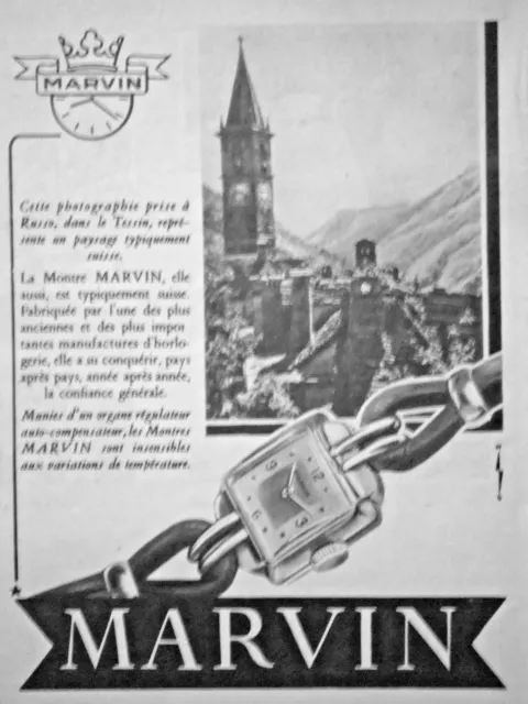 Publicité De Presse 1951 La Montre Marvin Vue De Russo Dans Le Tessin Suisse