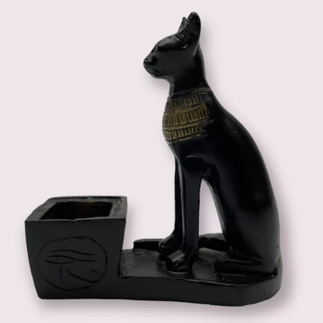 Cast Iron Egyptian Bastet Bast Black Cat Cone Incense Burner Made in India HTF
