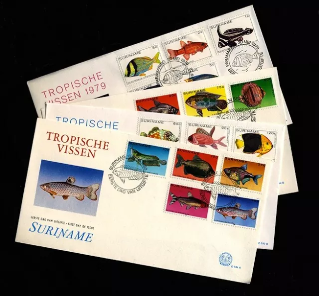 Juego de 4 estampillas de Surinam FDC que representan peces tropicales