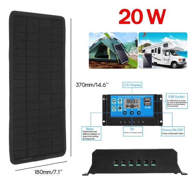 20W Kits Panneau Solaire 18V Chargeur Batterie+100A Contrôleur Caravan Boat
