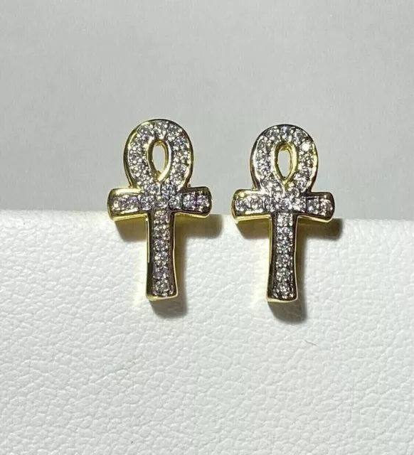1.50 Ct Round Simulated Diamond Ankh Cross Stud Earrings 14k Yellow Gold Plated