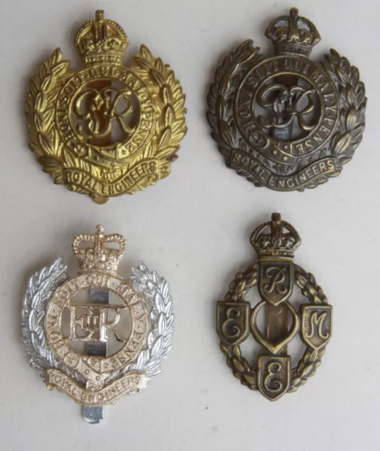 4 x ROYAL ENGINEERS REGIMENTAL CAP BADGES INCLUDING R.E.M.E., KGVI & QE2