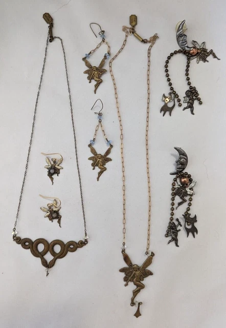Lot of 8 Vintage Pididdly Links Mythical Brass Necklaces and Earrings