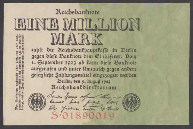 RBN:   1 Mio.  Mark vom  9.8.1923,  Serie:  S,   KN: 8stellig    (Ro. 100)