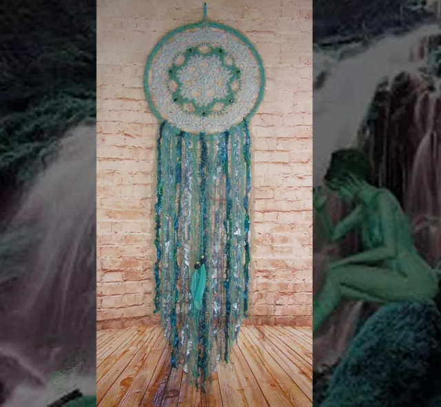 Large 100cm teal crystal septagram dream catcher Wall hanging Aqua wedding decor