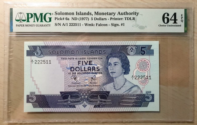 SOLOMON ISLANDS 1977 5 Dollars, Prefix A/1, P 6 a UNC PMG 64 EPQ