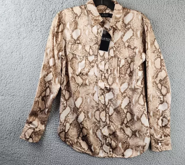 LAUREN RALPH LAUREN Snakeskin-Print Charmeuse Shirt Women's XS Beige Long Sleeve