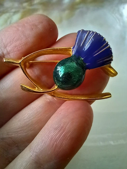 Gold-tone Peacock Green & Purple Enamel Scottish Thistle Wishbone Pin Brooch vtg