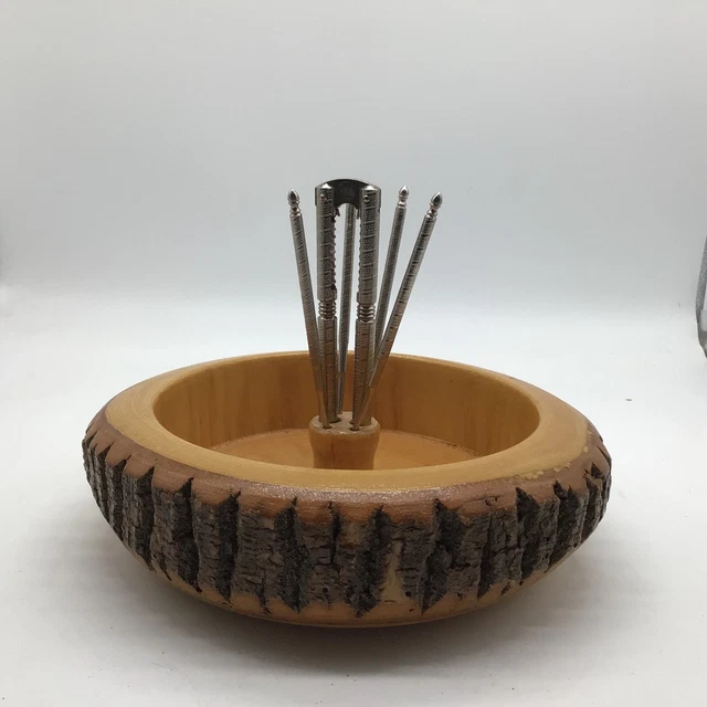 H.M. Quackenbush Tree Bark Wood Nut Bowl Set w/Nutcracker & 4 Nut Picks H.M. Quackenbush Tree Bark Wood Nut Bowl Set w/Nutcracker & 4 Nut Picks