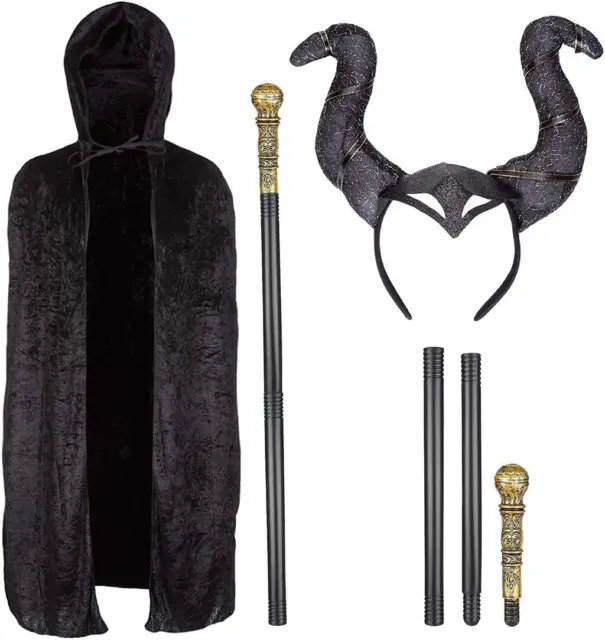 Wicked Evil Witch Black Velvet Cape Gothic Horns Staff Halloween Fancy Dress Set