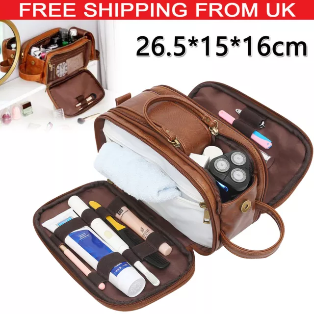 Mens Travel Wash Bag Leather Toiletry Large Capacity Shaving Gym Makeup Bag UK