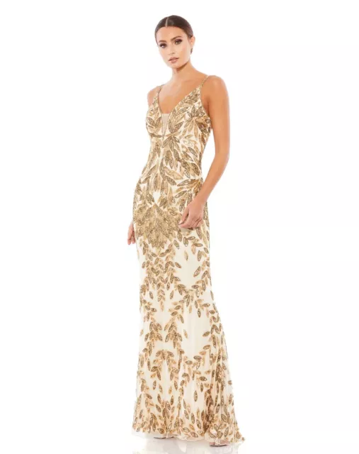 Mac Duggal Nude Gold Embellished Leaf Evening Gown Sleeveless Full Length Sz 12