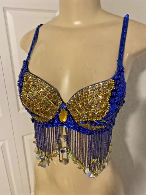 Beaded Sequins Gold Blue Belly Dancing Padded Push up Bra size S eb