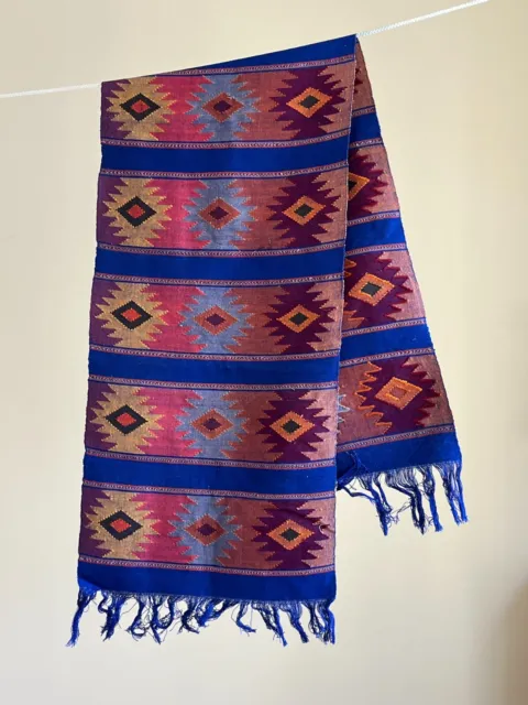 FALSA Mexican Blanket Hand Woven Serape Throw Yoga  Diamond Blue 14" x 52"
