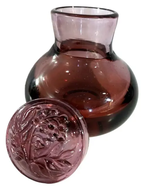 Studio Glass Art Decanter Artist Signed With Grape Vine Lid Amethyst Purple 16oz