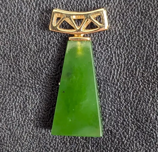 Signed Chinese Green Jade Triangle Temple Shape 14K Yellow Gold Pendant 2" ~LOOK