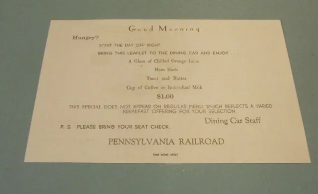 1957 Pennsylvania Railroad Dining Car Breakfast Flyer Vintage Travel Souvenir