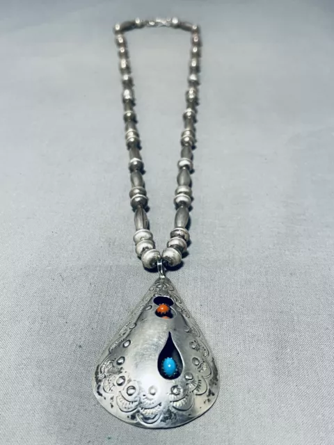 Rare Vintage Santo Domingo Blue Gem Turquoise Coral Sterling Silver Necklace