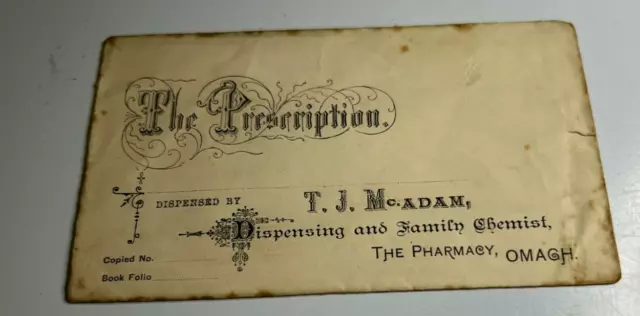 Antique Prescription Envelope  William T J McAdam Chemist Omagh