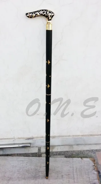 Black Wooden Inlay Walking Cane Brass Head Handle Canes Walking Stick Solid gift 3