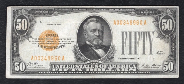 Fr. 2404 1928 $50 Fifty Dollars Gold Certificate Currency Note Very Fine