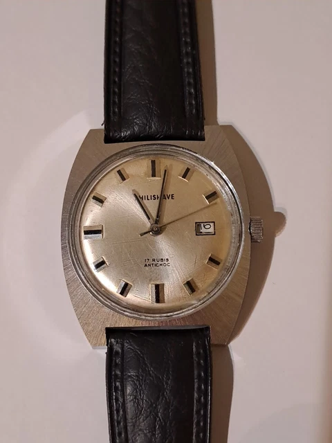 Montre Homme Vintage Philishave Mécanique 17 Rubis - Années 70 - Boîtier Acier, Cadran Champagne - Occasion