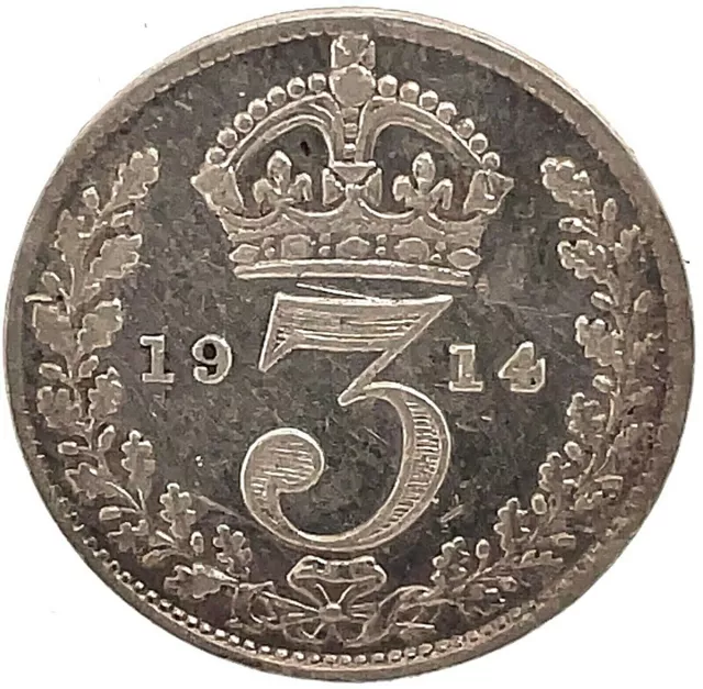 1914 Great Britain Silver Three 3 Pence Km# 813 George V - Uncirculated.