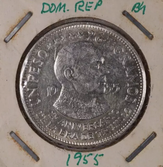 1955 Dominican Republic Silver 1 Peso Coin- 25th Anniversary of The Trujillo Era