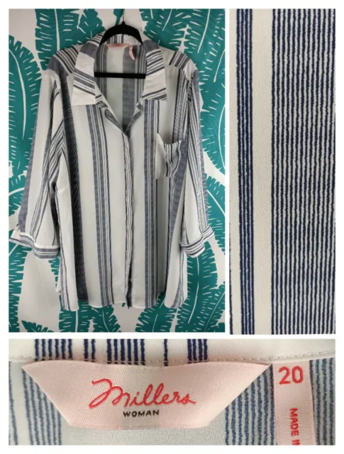 Millers 20 Smart Blouse Shirt NWOT White Blue Stripe Sheer Adj 3/4 Sl. Pocket