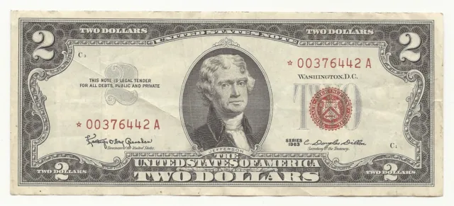 STAR 1963 $2 Two Dollar Bill Red Seal United States Note VG/FINE FREE SHIPPING