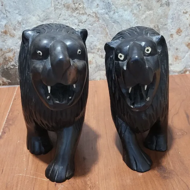 VTG Carved Lion Sculpture African Art Decorative Wood Carving Black Ebony Wooden