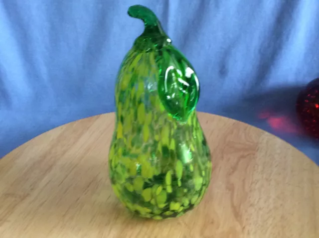 Art glass Murano style Pear, tones of yellow & green, with green leaf  #C