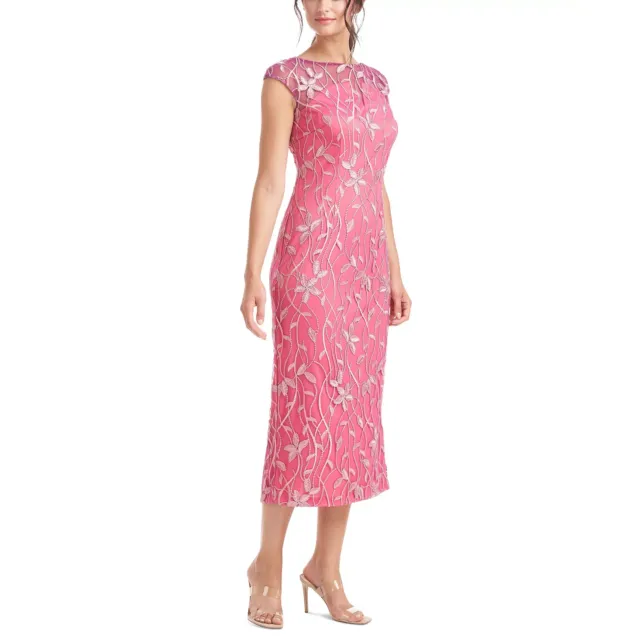 JS Collections Womens Dress Embroidered Mesh Midi Cocktail Coral Pink Size 8