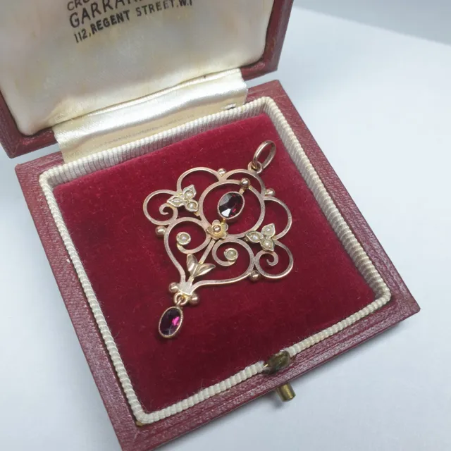 Antique Edwardian 9ct Red Pink Garnet seed pearl pendant