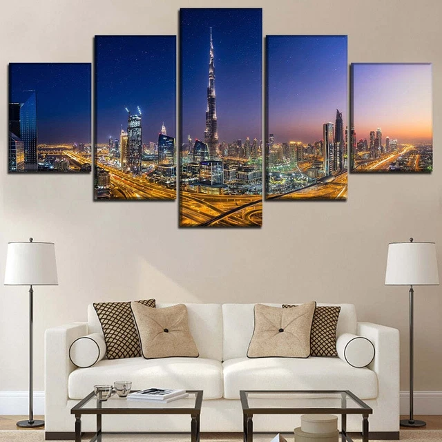 BURJ KHALIFA DUBAI UAE City At Night Framed 5 Piece Canvas Wall Art