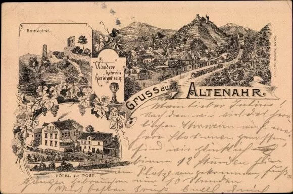 Litho Altenahr in Rheinland Pfalz, Hotel zur Post, Burgruine,... - 10252748