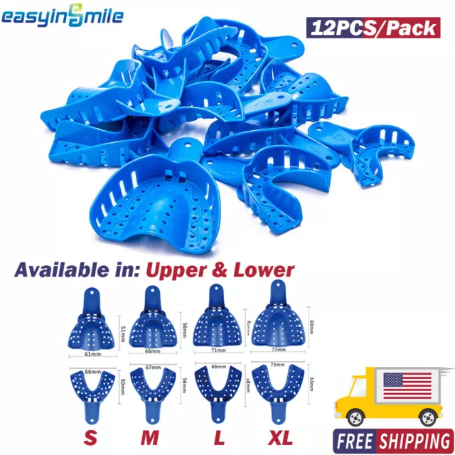 Dental Impression Trays Plastic Perforated 12PC Upper/Lower S/M/L/XL Easyinsmile