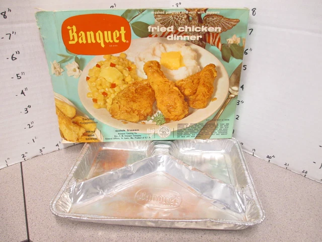 BANQUET TV DINNER 1960s fried chicken mashed potato corn frozen food box + tray