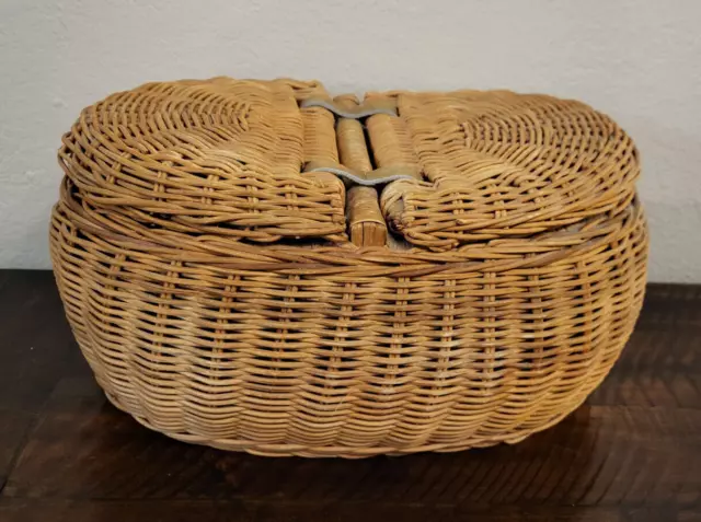 Wicker Woven Double Lid Basket Cottagecore Farmhouse French Country