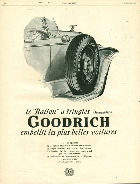 Publicité ancienne pneu Goodrich automobile 1926 issue de magasine
