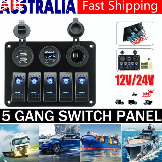 12V Switch Panel USB Charger 5 GANG ON-OFF Toggle LED Rocker for Car Boat Marine