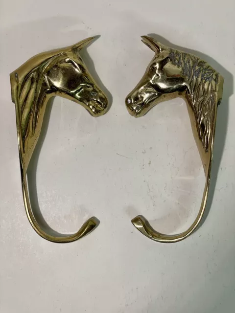 Pair Of Vintage Brass Horse Head Hooks. Coat Hooks / Brackets