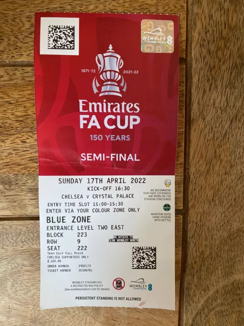 Emirates FA Cup Semi-Final Ticket Stub Chelsea V Crystal Palace Wembley 17.04.22