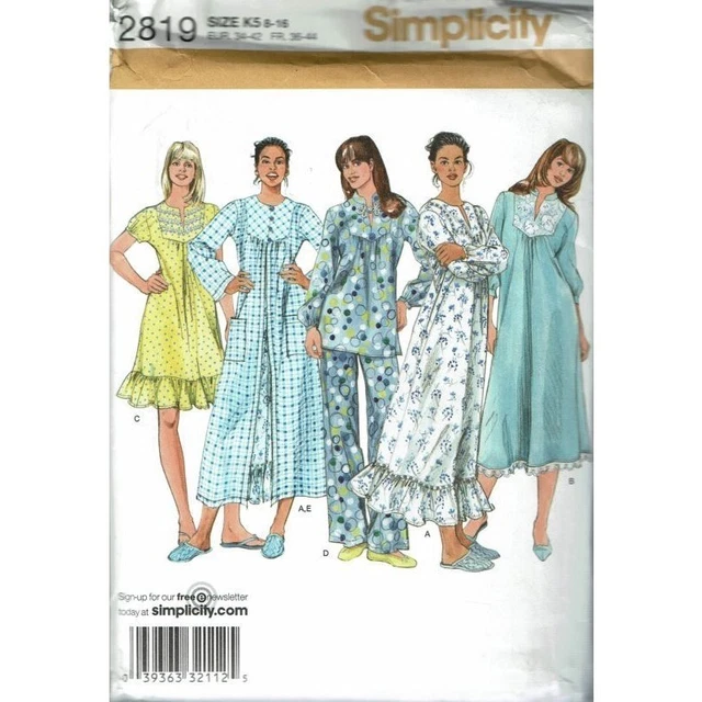 SIMPLICITY SEWING PATTERN 2819 Nightgown Pajamas Robe Misses Size 816