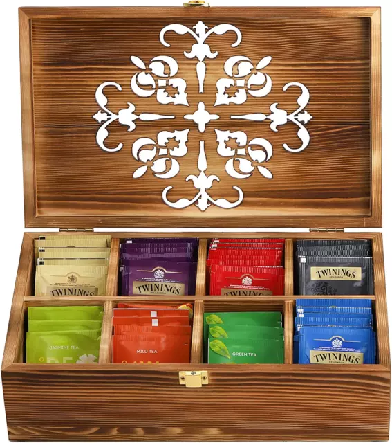 Wooden Tea Bag Storage Box with Carved Lid, 8-Compartment Tea Chest Organizer