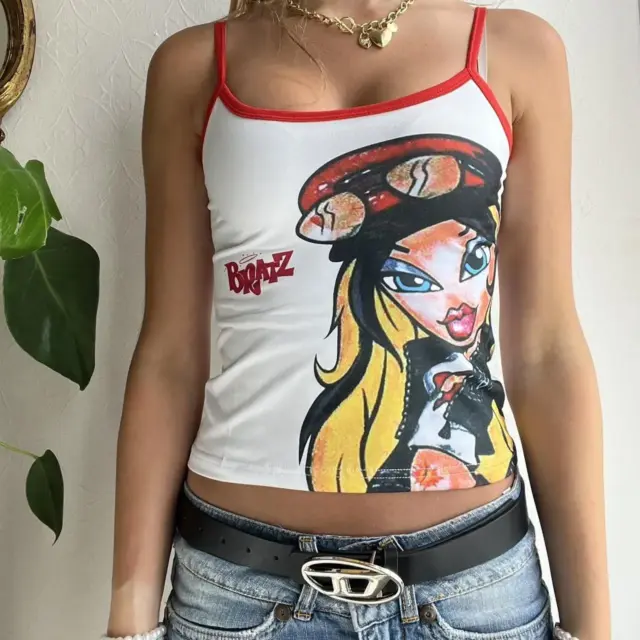 Girls Y2K 2000S Cartoon Anime Printing Tank Top Summer Vintage Crew Neck Crop To